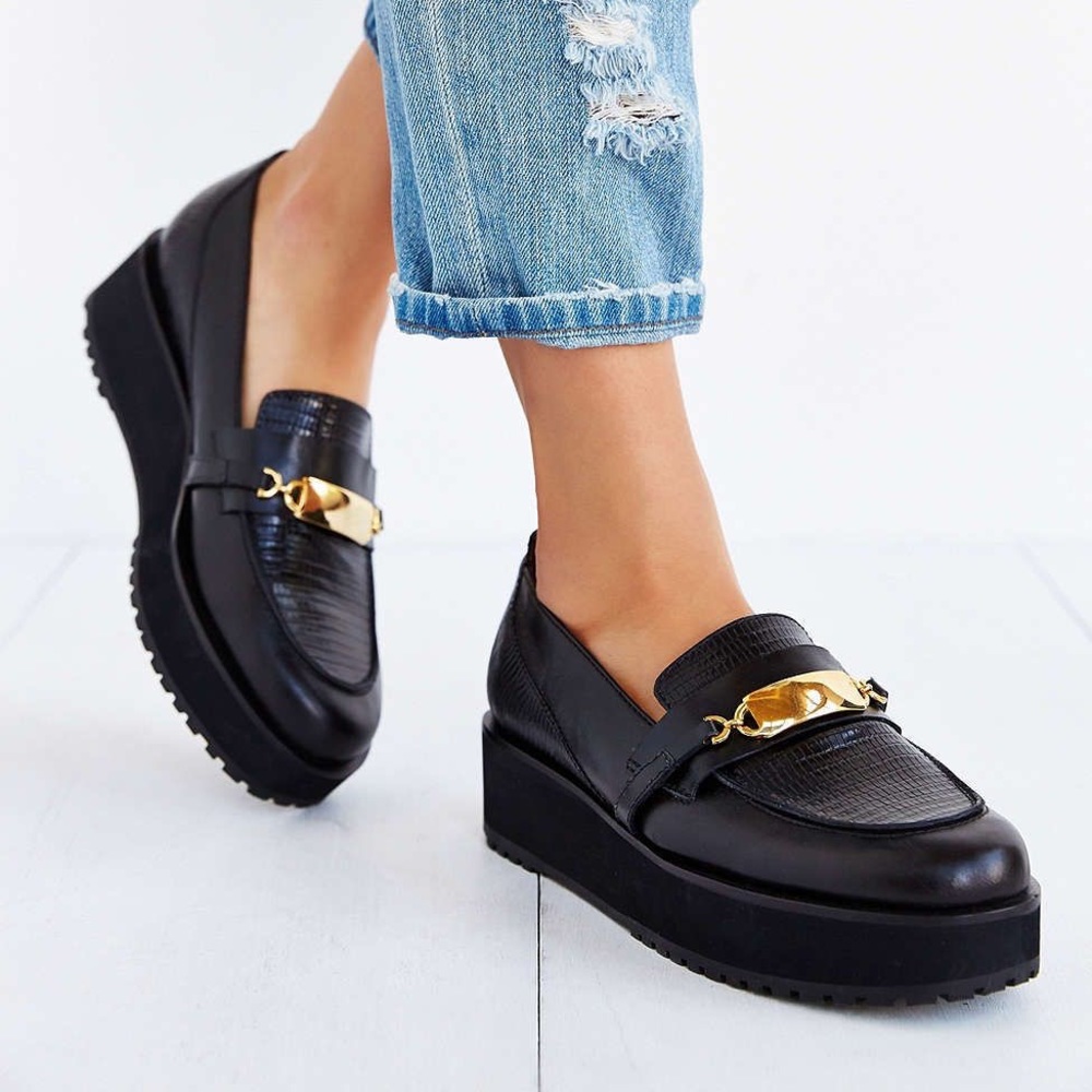 Black Leather Loafers with Gold Accent